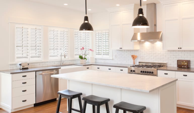 Plantation shutters in a bright Las Vegas kitchen.